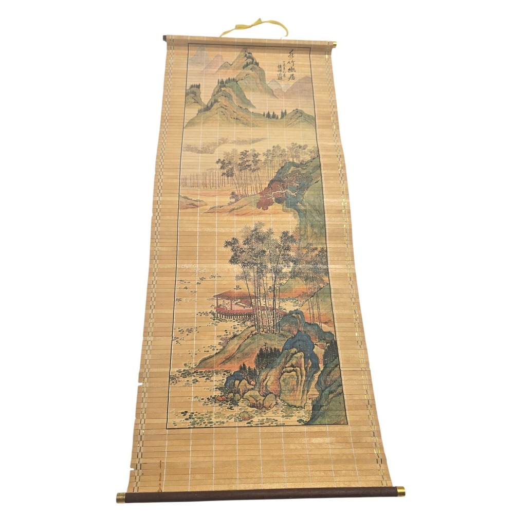 Vintage Bamboo Wall Scroll Mountain Landscape Pagoda Bamboo Forest Art 13x33